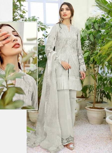 Gray Colour KHAYYIRA MAHGUL Designer Festive Wear Butterfly Net Embroidered With Frill Pakistani Salwara Suit Collection 2001-E